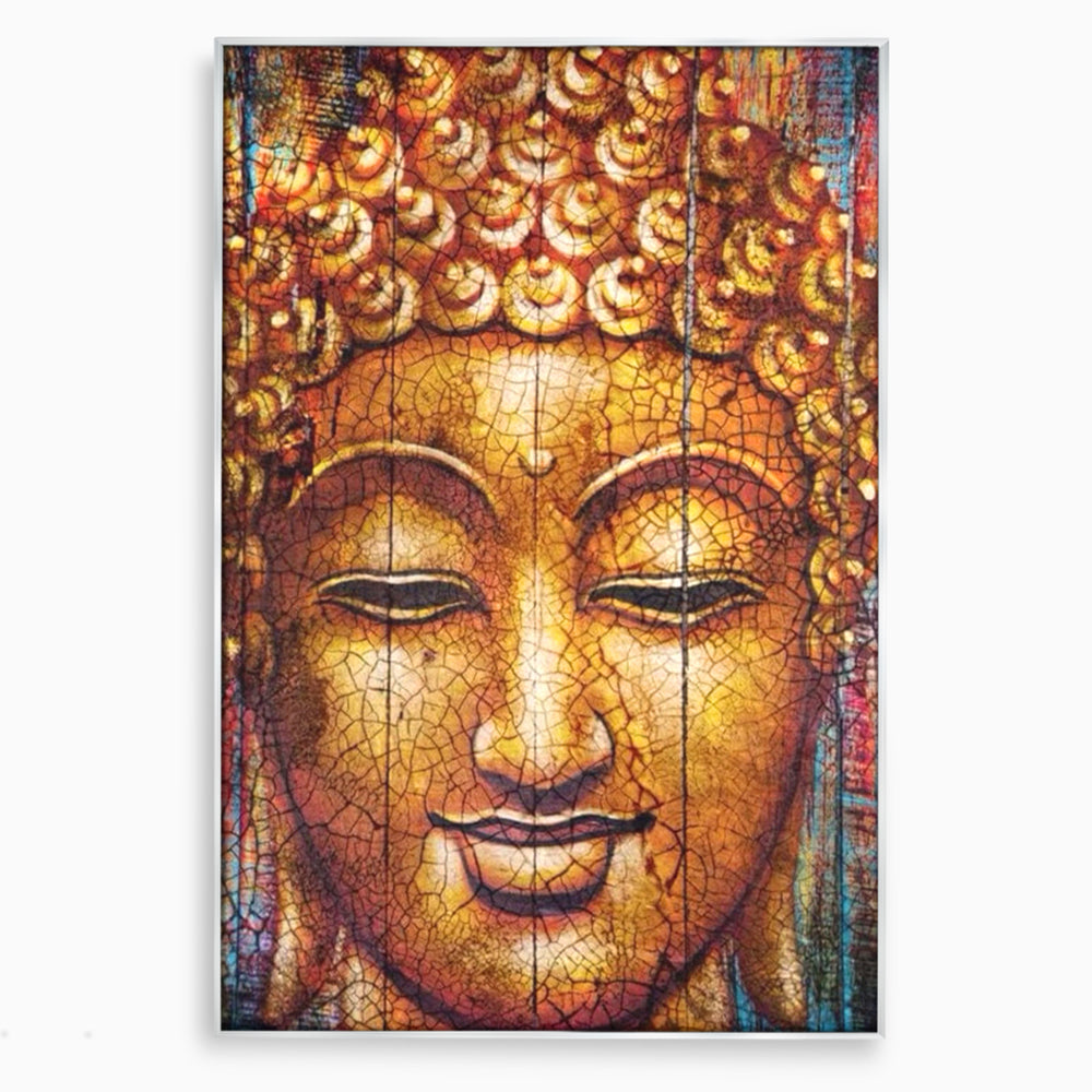Tablou canvas cu tablou canvas cu chipul lui buddha, in rama de aluminiu argintiu